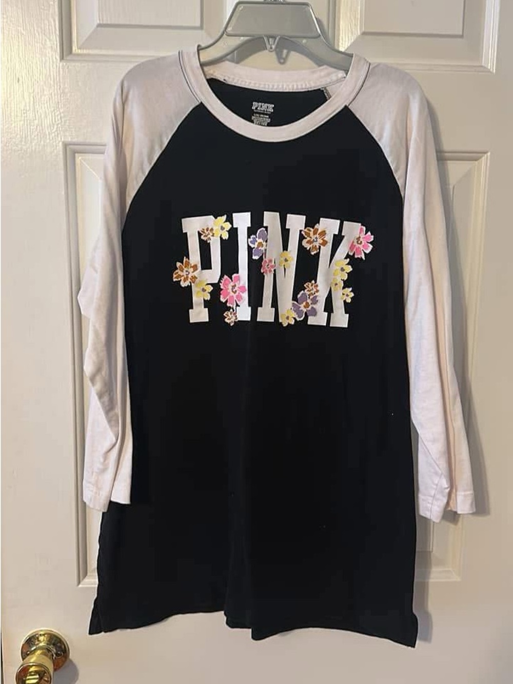 PINK Victoria's Secret Black & White Raglan Floral Logo Tee